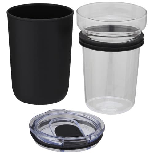Szklany kubek Bello o pojemności 420 ml z zewnętrzną ścianką z plastiku z recyklingu