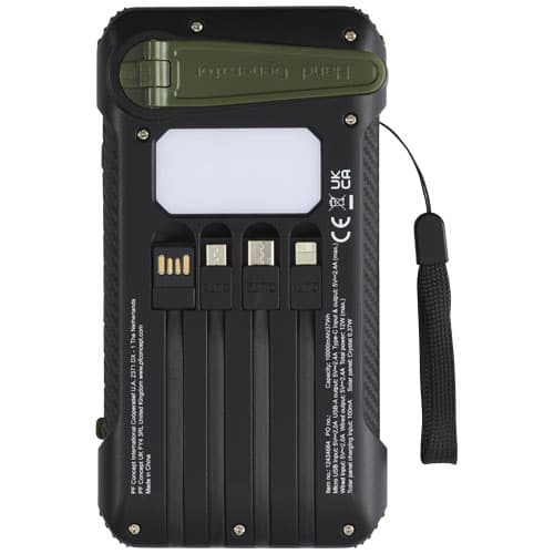 Soldy powerbank solarny o pojemności 10 000 mAh z dynamem wykonany z tworzyw sztucznych pochodzących z recyklingu z certyfika