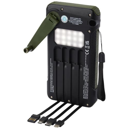 Soldy powerbank solarny o pojemności 10 000 mAh z dynamem wykonany z tworzyw sztucznych pochodzących z recyklingu z certyfika