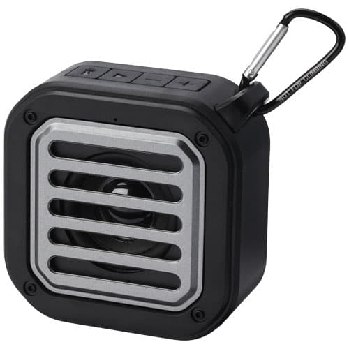 Solo plastikowy głośnik solarny Bluetooth® IPX5 o mocy 3 W z karabińczykiem wykonany z tworzywa pochodzącego z recyklingu z c