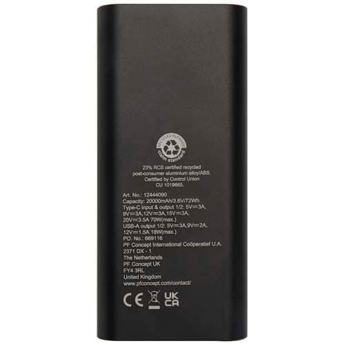 Acamar powerbank do laptopa o pojemności 20 000 mAh i mocy 70 W z aluminium z recyklingu
