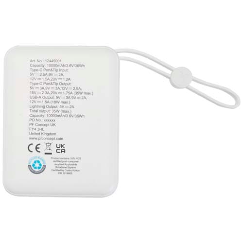 Acrux powerbank do tabletu o pojemności 10 000 mAh i mocy 35 W z wbudowanym kablem typu C - wykonany z tworzyw sztucznych poc