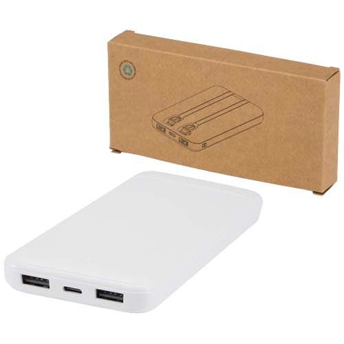 Adhil powerbank o pojemności 10.000 mAh i mocy 10 W z tworzyw sztucznych pochodzących z recyklilngu z 2 wbudowanymi kablami