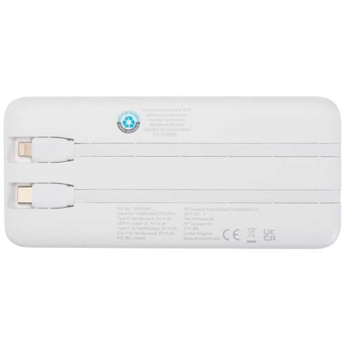 Adhil powerbank o pojemności 10.000 mAh i mocy 10 W z tworzyw sztucznych pochodzących z recyklilngu z 2 wbudowanymi kablami