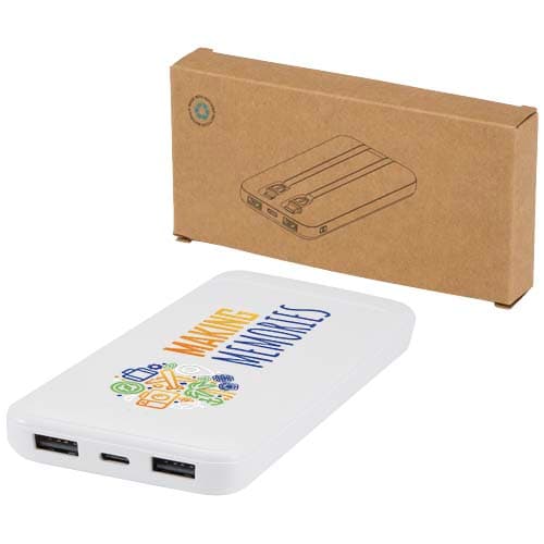 Adhil powerbank o pojemności 10.000 mAh i mocy 10 W z tworzyw sztucznych pochodzących z recyklilngu z 2 wbudowanymi kablami