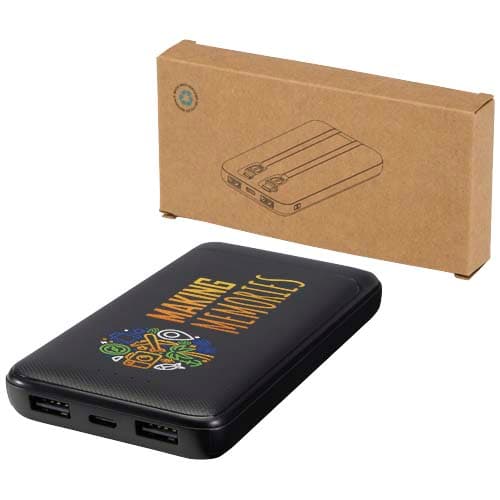 Adhil powerbank o pojemności 10.000 mAh i mocy 10 W z tworzyw sztucznych pochodzących z recyklilngu z 2 wbudowanymi kablami