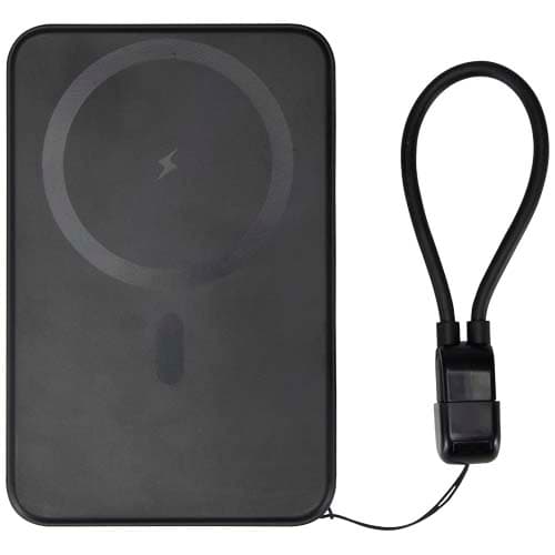 Powerbank SMART o pojemności 5000 mAh, wykonany z tworzywa sztucznego pochodzącego z recyklingu, ze smyczą na szyję