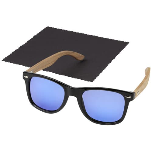 Lustrzane okulary przeciwsłoneczne wykonane z plastiku PET z recyklingu/drewna Hiru z polaryzacją w pudełku upominkowym