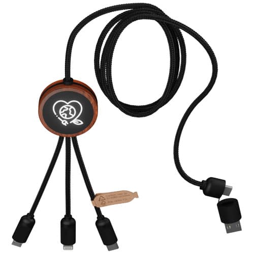 SCX.design C37 kabel do ładowania z podświetlanym logo 5-w-1 rPET i z okrągłą drewnianą obudową 40W