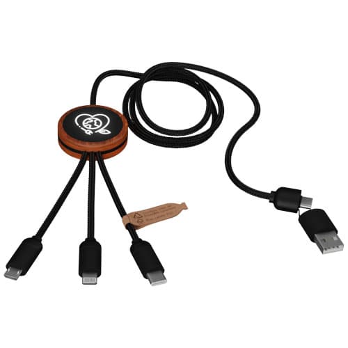 SCX.design C37 kabel do ładowania z podświetlanym logo 5-w-1 rPET i z okrągłą drewnianą obudową 40W
