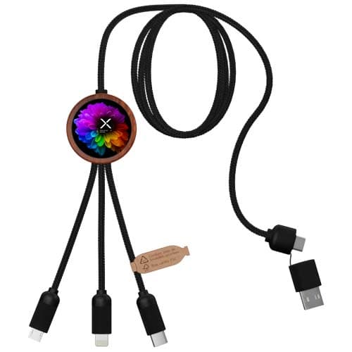 SCX.design C37 kabel do ładowania z podświetlanym logo 5-w-1 rPET i z okrągłą drewnianą obudową 40W