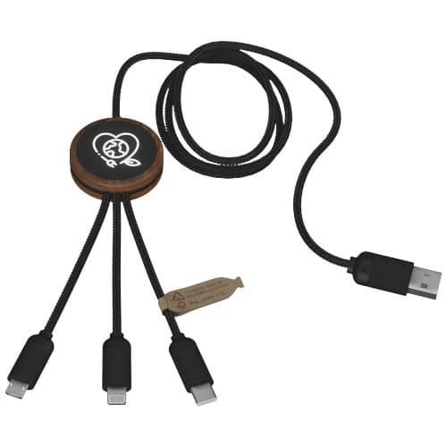 SCX.design C36 przedłużany kabel do ładowania z podświetlanym logo 3-w-1 rPET i z okrągłą bambusową obudową