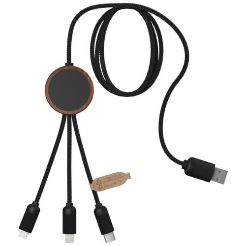 SCX.design C36 przedłużany kabel do ładowania z podświetlanym logo 3-w-1 rPET i z okrągłą bambusową obudową