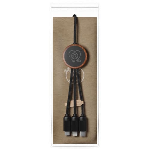 SCX.design C36 przedłużany kabel do ładowania z podświetlanym logo 3-w-1 rPET i z okrągłą bambusową obudową