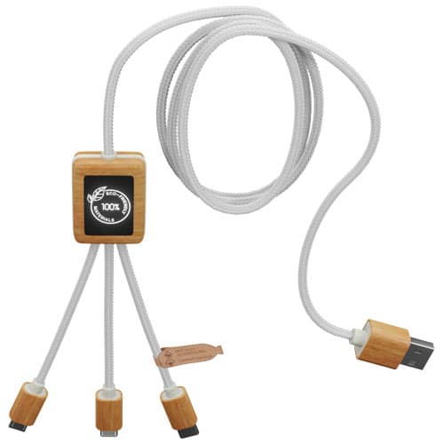Kabel do ładowania SCX.design C39 z podświetlanym logo 3-w-1 z plastiku PET z recyklingu i z kwadratową drewnianą obudową