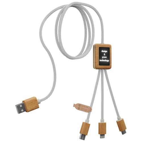 Kabel do ładowania SCX.design C39 z podświetlanym logo 3-w-1 z plastiku PET z recyklingu i z kwadratową drewnianą obudową