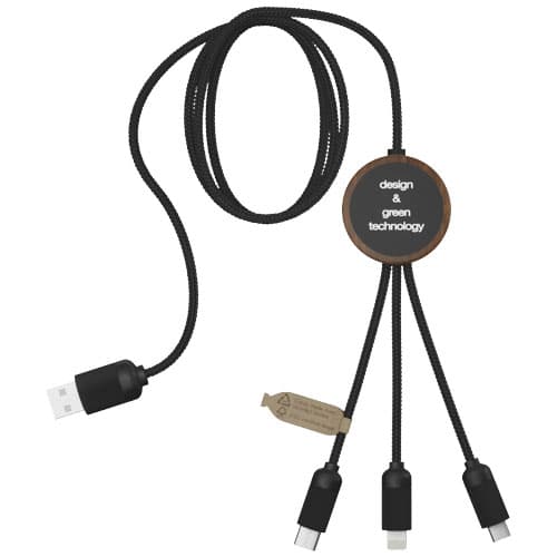 SCX.design C36 przedłużany kabel do ładowania z podświetlanym logo 3-w-1 rPET i z okrągłą bambusową obudową